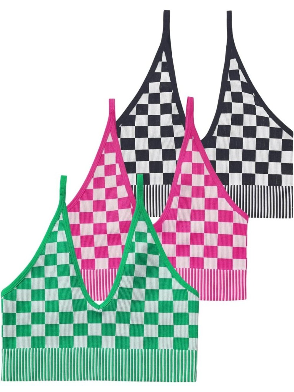 Women's Magenta Green Check Adjustable Spaghetti Camisole V Neck Crop Tank Tops